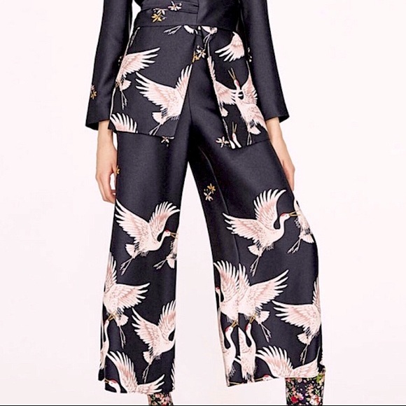 Zara Pants - BNWT crane bird pattern wide leg culottes pants
